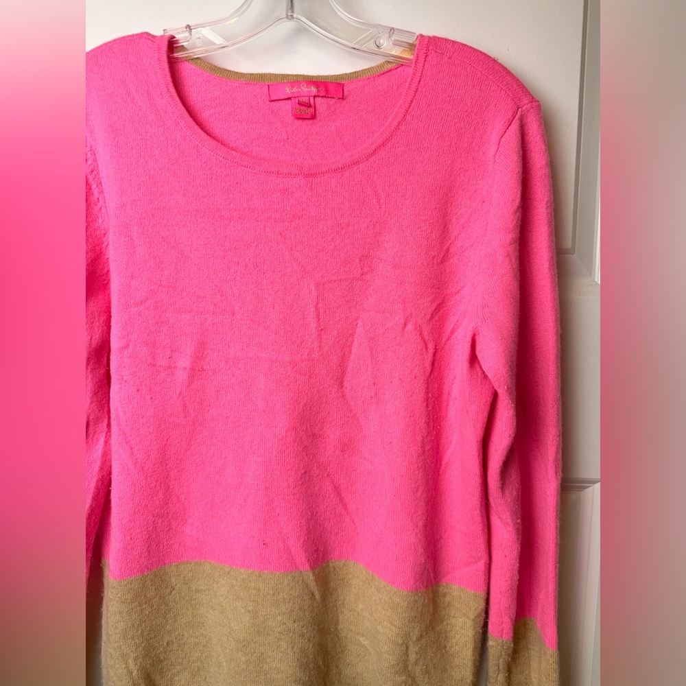 Lilly Pulitzer 100%‎ Cashmere Colorblock Sweater Pink & Camel Women’s M FLAW - Picture 2 of 8